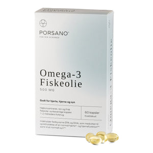 Porsano Omega-3 Fiskeolie æske, kapsler med rent, koncentreret og smagsneutralt fiskeolie